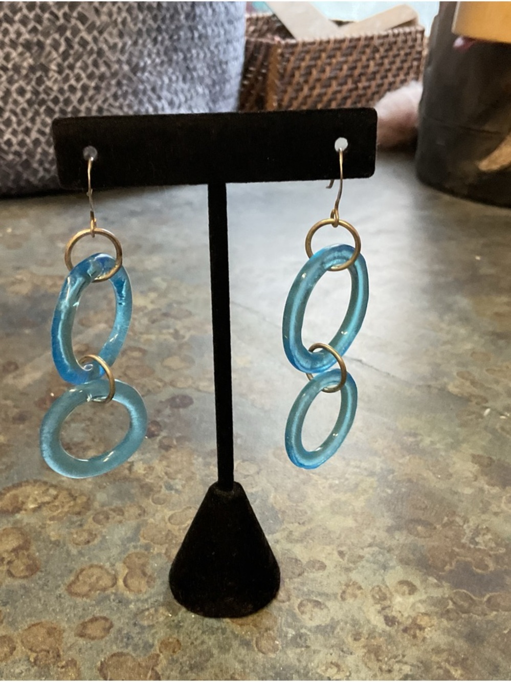 Blue Glass Linked Hoop Drop Sterling Earrings - Unbranded
